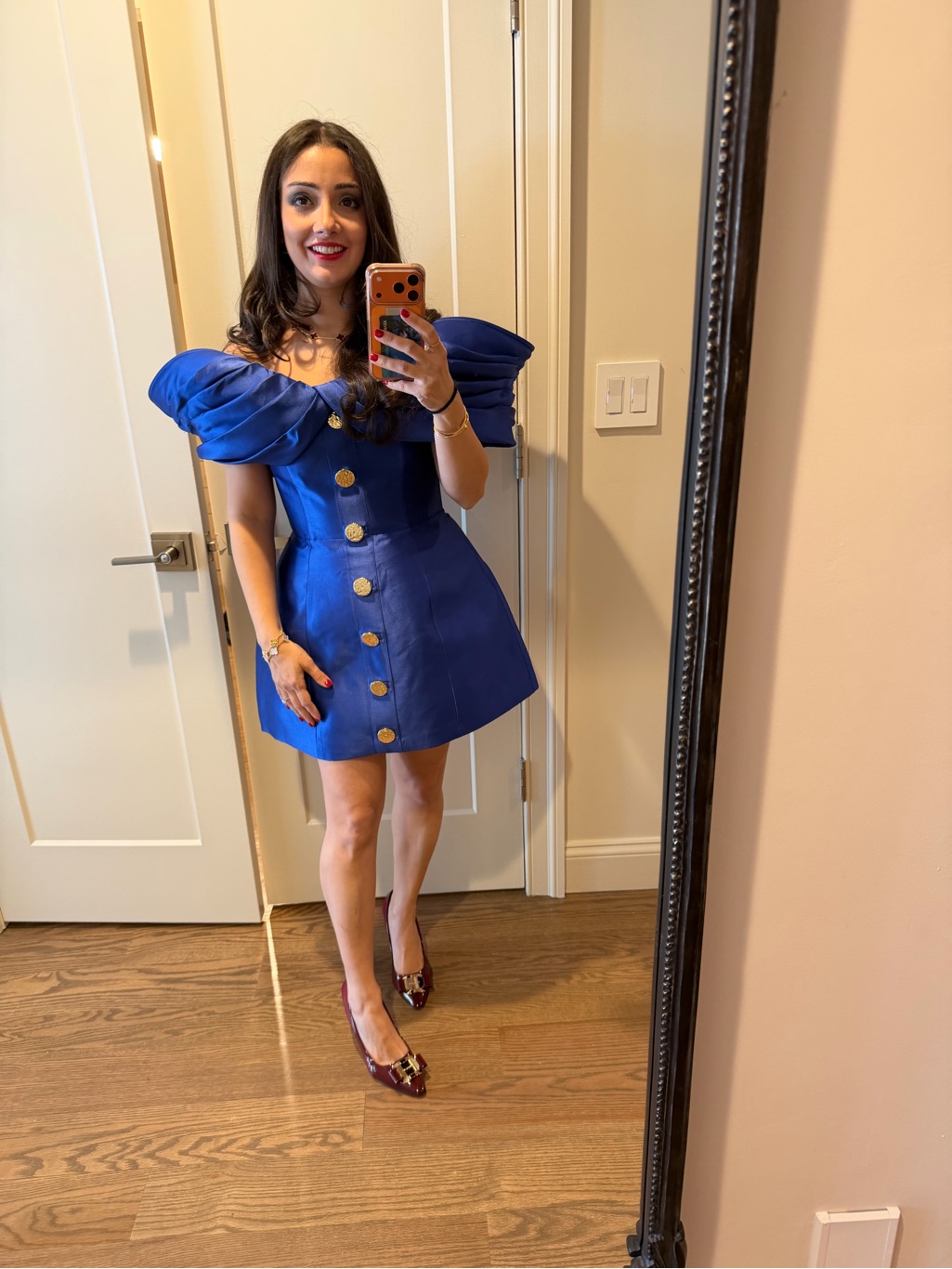 Royal Blue Puff-Sleeve Button Front Mini Dress- Eliya The Label